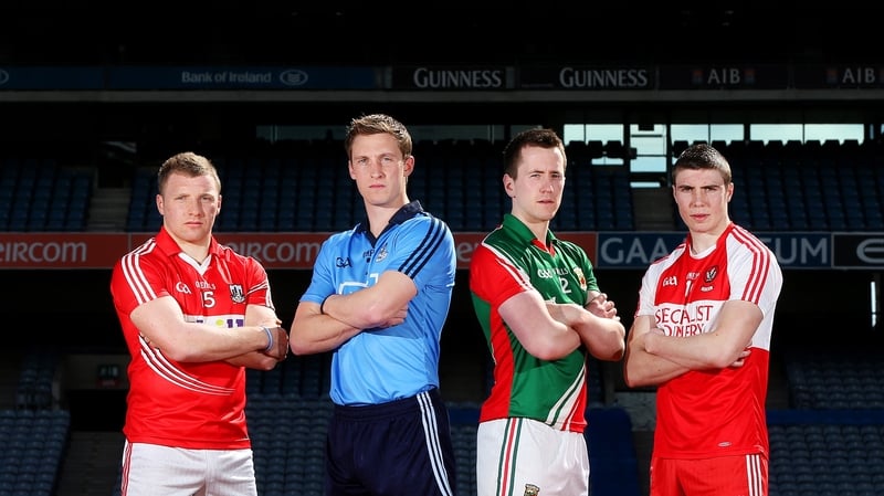 Brian Hurley (Cork), Kevin Nolan (Dublin) Cillian O'Connor (Mayo) and Ciaran McFaul (Derry) at Croke Park ahead of Sunday's match-ups