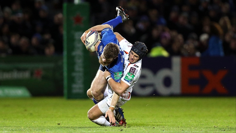 Gordon D'Arcy is tackled by Matthew Morgan during Leinster's last meeting with Ospreys