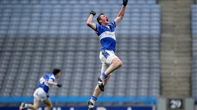 Sean O'Donoghue of Colaiste Choilm Ballincollig's jumps for joy after winning the All-Ireland Vocational Schools Senior Football A title