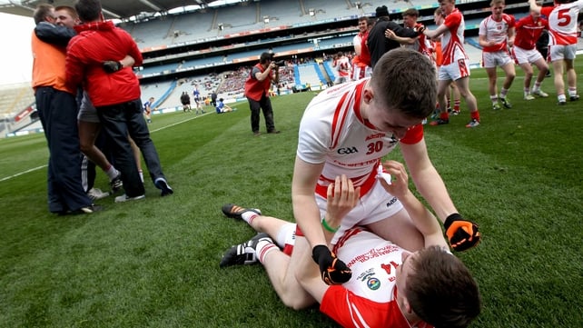 PS Chorca Dhuibhne's Cathal O'Bambaire is congratulated after winning the All-Ireland Colleges Senior Football A Championship