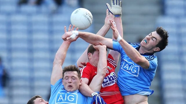Dublin and Cork contest a hight ball at Croker
