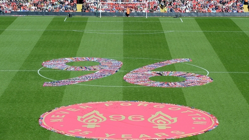 Thousands of football scarves were laid out in the shape of the number 96