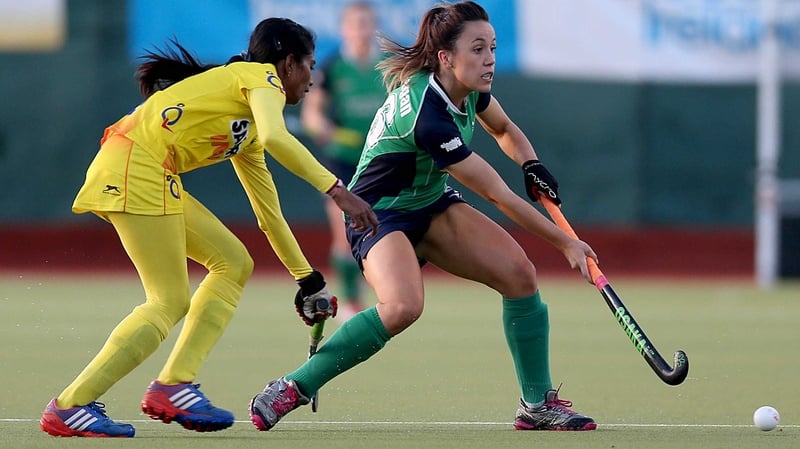 Ireland's Anna O'Flanagan (R) under pressure from Soundarya Yendala of India