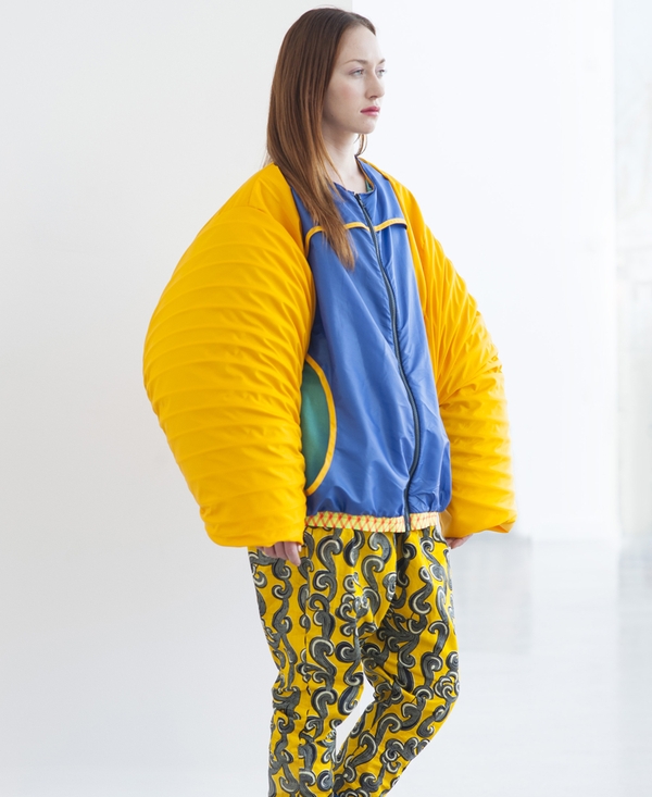 Model wears piece by LSAD Graduate Caroline Martin – printed cotton and weatherproof fabrics in co-ordinating 2 pieces