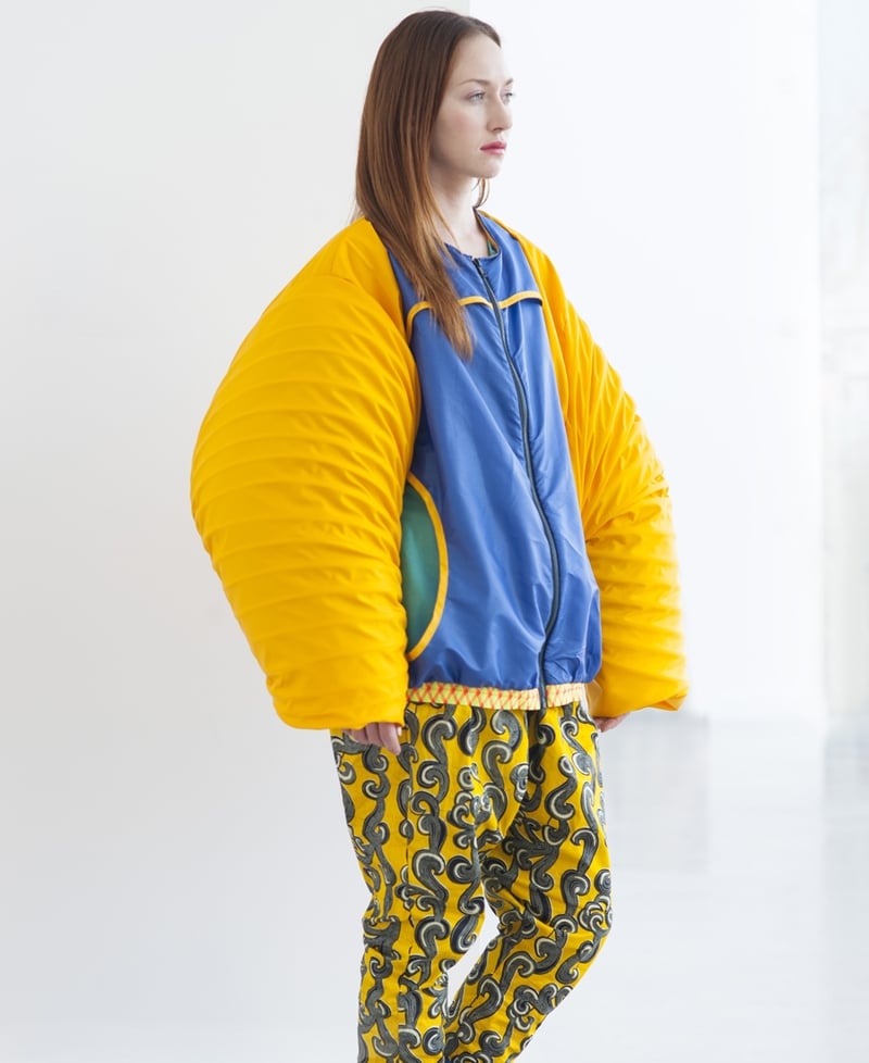 Model wears piece by LSAD Graduate Caroline Martin – printed cotton and weatherproof fabrics in co-ordinating 2 pieces