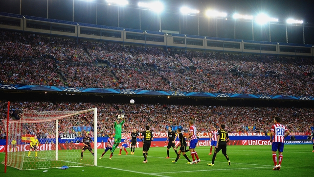 Jose Manuel Pinto of Barcelona collects the ball during the Champions League Quarter Final against Atletico Madrid