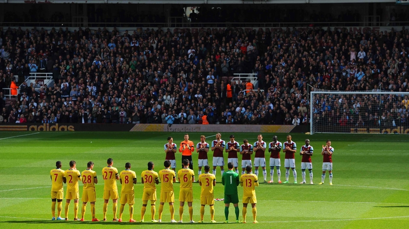 West Ham and Crystal Palace stand in memory of young West Ham striker Dylan Tombides who died from cancer on Friday
