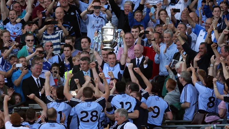 Dublin captain Johnny McCaffrey lifts the Bob O'Keeffe Cup in 2013