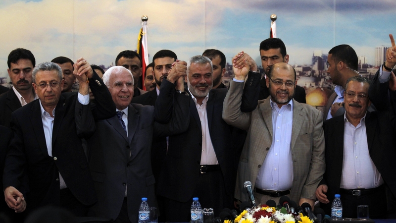 Palestinian legislator Mustafa Barghouti, Palestinian Fatah delegation chief Azzam al-Ahmed, Hamas prime minister Gaza Ismail Haniya, Hamas deputy leader Musa Abu Marzuk, and secretary-general of the Palestinian Arab Front Jameel Shehadeh