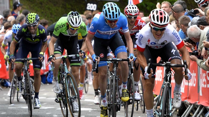 Spain's Alejandro Valverde just beats Ireland's Dan Martin (second from right) to the finish line at the Flèche Wallonne Classic