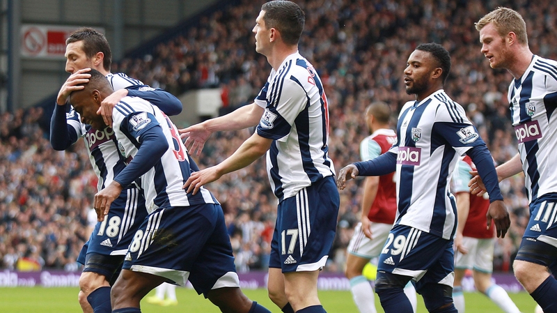 West Bromwich Albion's Saido Berahino celebrates scoring the opener with his team-mates