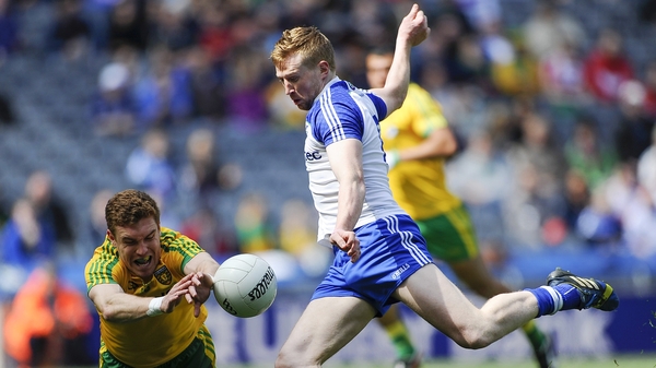 Monaghan's Kieran Hughes has a shot blocked at Croke Park