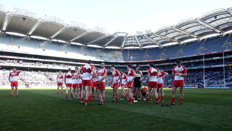 Derry players in the aftermath of their 19-point loss against the Dubs