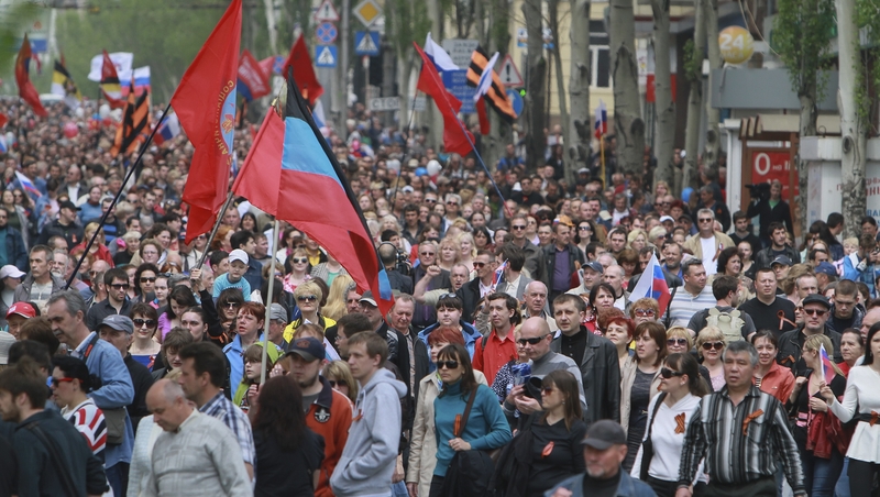 Pro-Russian protesters march during a rally to mark International Labour Day in Donetsk, Ukraine