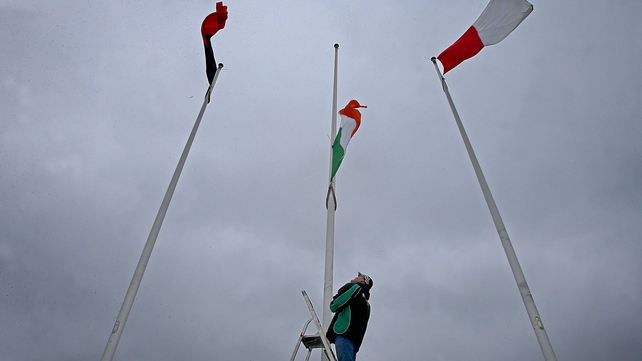 The flags are raised ahead of the Cork-Down camogie clash
