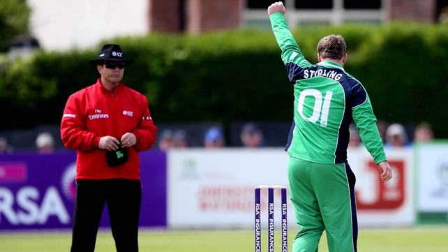 Ireland's Paul Stirling celebrates taking the wicket of Kithuruwan Vithanage