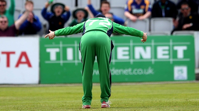 Ireland's Niall O'Brien celebrates after he hit the stumps to run out Angelo Mathews of Sri Lanka during their ODI at Clontarf
