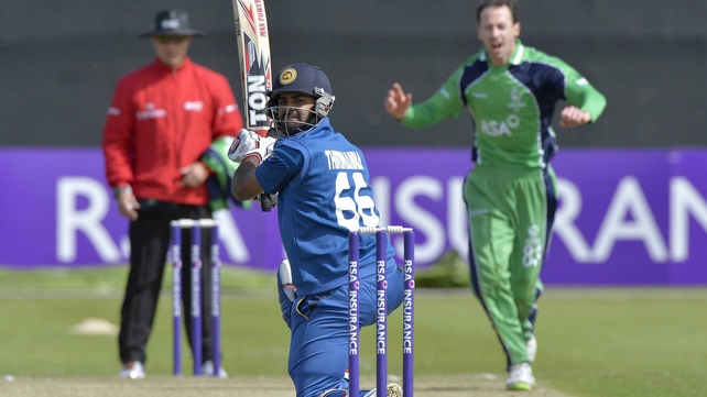 Ireland's Alex Cusack celebrates as Lahiru Thirimanne is caught