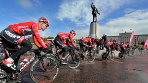 Team USA pass the statue of Edward Carson as they enter the Stormont estate during a practice session on Friday