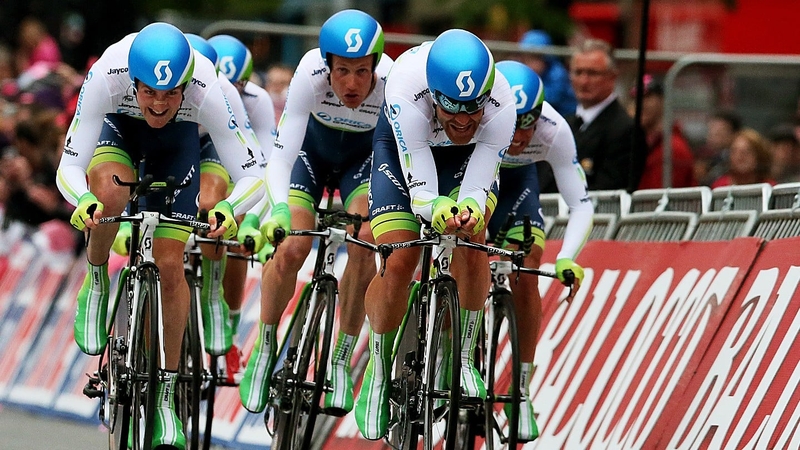 The Orica GreenEdge team race for the finish during the team time trial