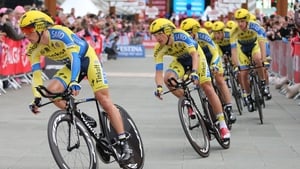 Nicolas Roche leads the Tinkoff-Saxo's team out at the start of the time trial