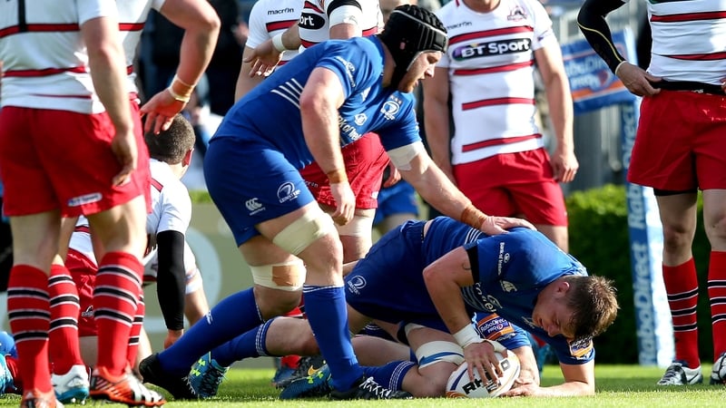 Jordi Murphy scores Leinster's first try as Sean O'Brien celebrates with him