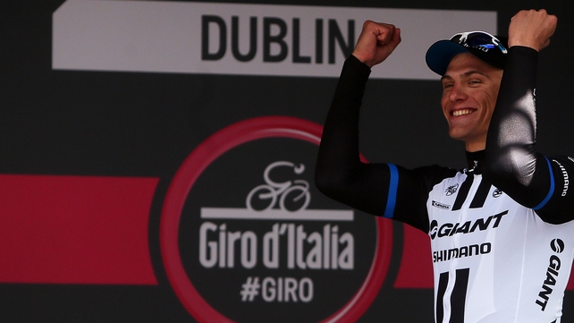 Giant-Shimano's Marcel Kittel celebrates after winning stage three on Sunday