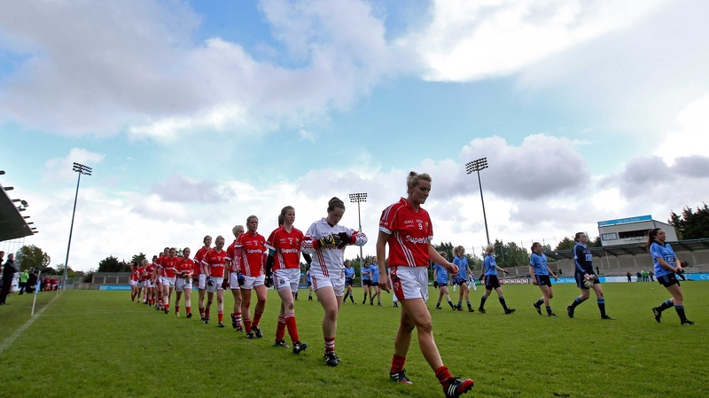 Cork and Dublin parade before the Ladies Division 1 final at Parnell Park