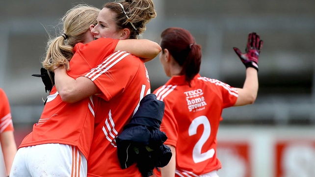 Armagh's Marian McGuinness and Sharon Reel celebrate at the final whistle of the Division 3 final