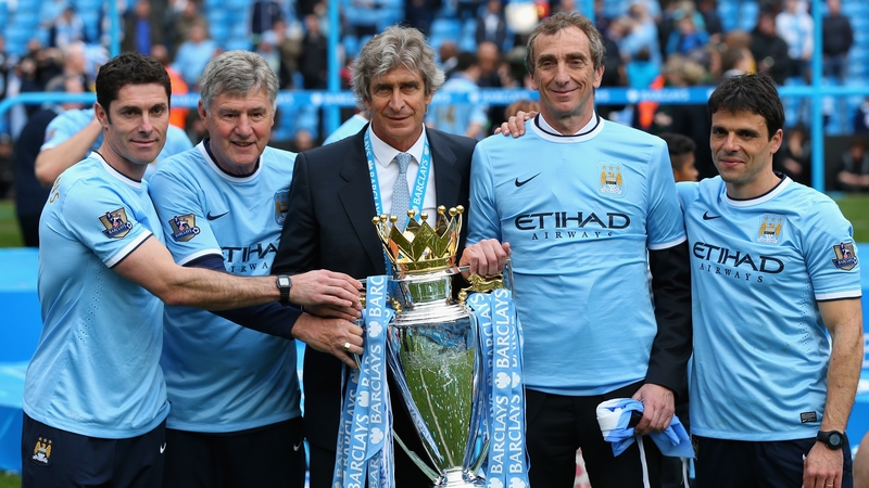 (Left to right) Manchester City goalkeeping coach Xabier Mancisidor, joint-assistant manager Brian Kidd, manager Manuel Pellegrini, joint-assistant manager Ruben Cousillas and fitness coach Jose Cabello