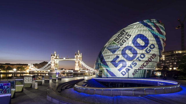 City Hall in London is transformed into a giant rugby ball to mark 500 days until the start of the 2015 Rugby World Cup