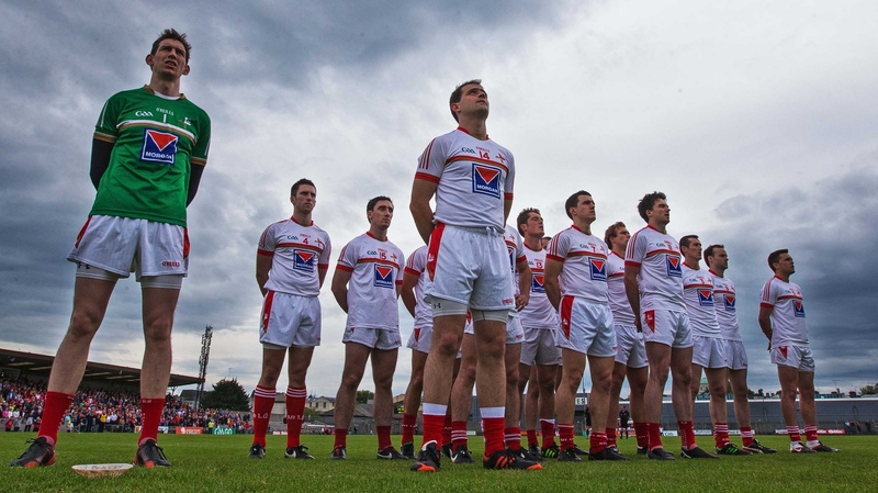 The Louth team that beat Westmeath in Mullingar line up for the national anthem