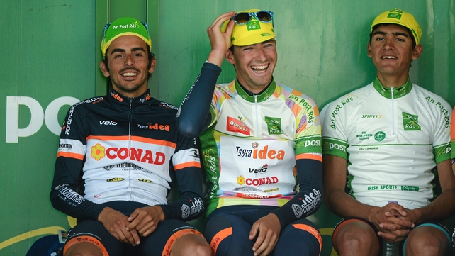 On the podium after Stage 3 of the 2014 An Post Rás are, from left, Riccardo Pichetta, Team IDEA 2010, Alessandro Pettiti, Team IDEA 2010, and Alex Peters, Madison Genesis