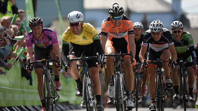 Patrick Bevin crosses the line to take victory