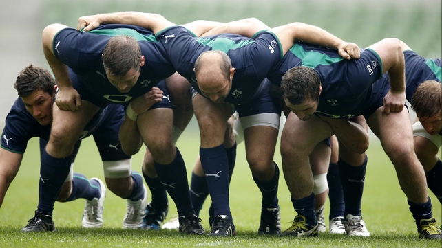 Members of the Ireland rugby team practise at the Aviva Stadium