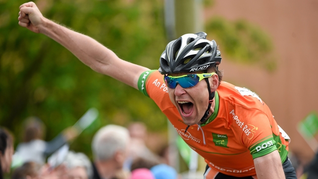 Marcin Bialoblocki celebrates as he crosses the line