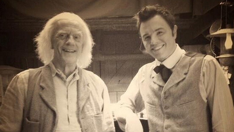 Christopher Lloyd and Seth MacFarlane on the set of A Million Ways to Die in the West