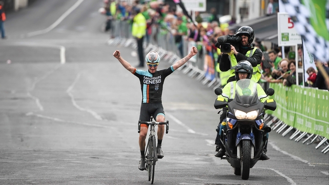 Madison Genesis rider Liam Holohan crosses the finish line in Baltinglass in splendid isolation