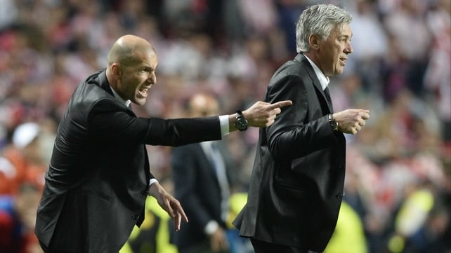 Real Madrid supremo Carlo Ancelotti and assistant Zinedine Zidane on the sideline in Lisbon