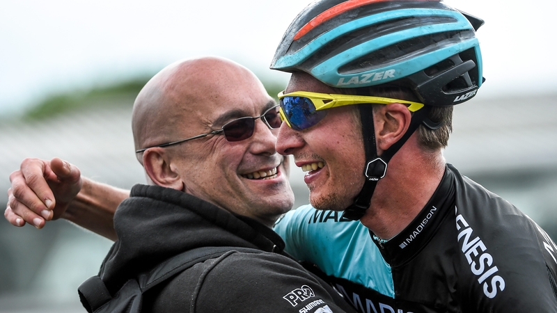 Stage winner Liam Holohan is congratulated by team manager Roger Hammond after Stage 7 of the 2014 An Post Rás