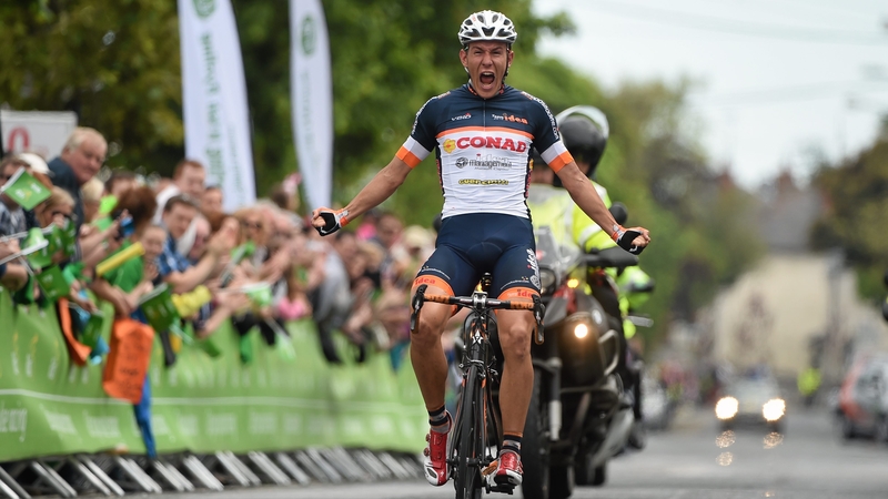 Davide Ballerini roars in celebration as he crosses the finish line
