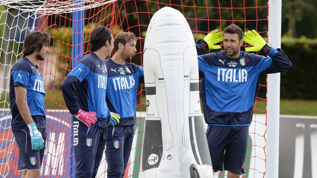 Mattia Perin, Gianluigi Buffon, Antonio Mirante and Salvatore Sirigu of Italy at a training session in Florence