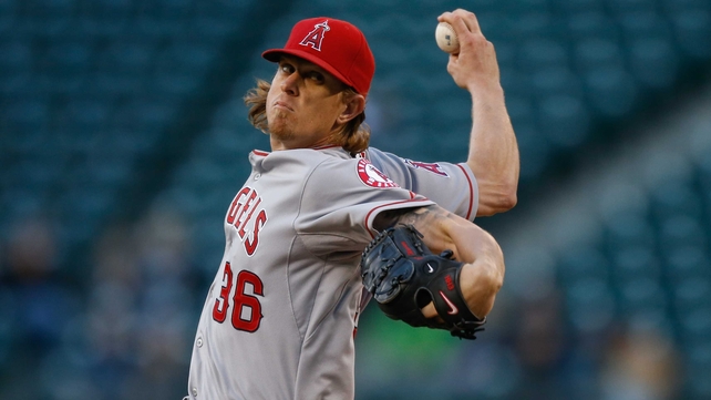 Jered Weaver of the Los Angeles Angels of Anaheim pitches in the third inning against the Seattle Mariners at Safeco Field