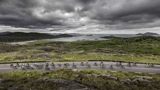 The An Post Rás Peleton passes by Derrynane Bay