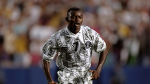 Nigeria's Finidi George sports this rather fetching number from 1994, which for all the world looks like the wallpaper from your nan's house during the 80's.