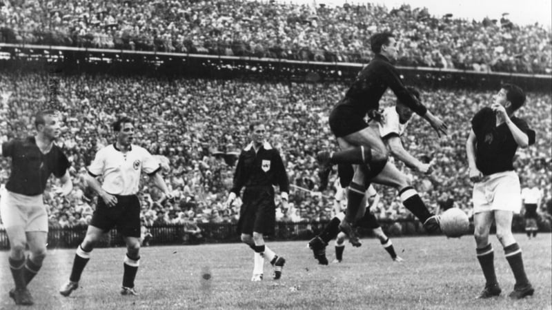 West Germany's Max Morlock scores against Hungary in the World Cup Final