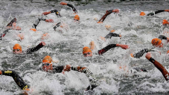 Competitors during the swim at the start of the PruHealth World Triathlon in London