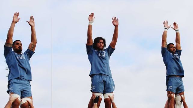 Jerome Kaino, Steven Luatua and Victor Vito of the All Blacks run through lineout drills during a training session at Trusts Stadium