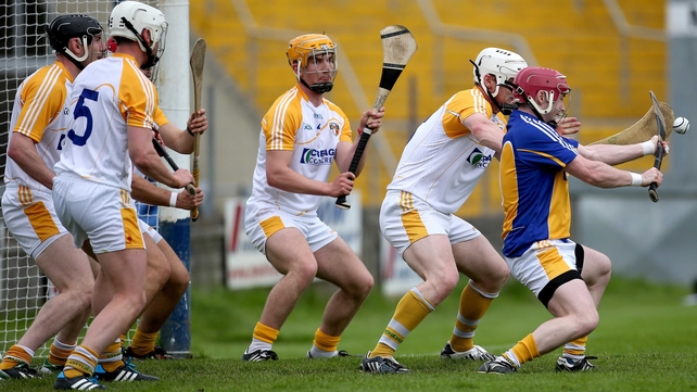 Antrim goalkeeper Chris O'Connell saves a free against Wexford in the Leinster SHC