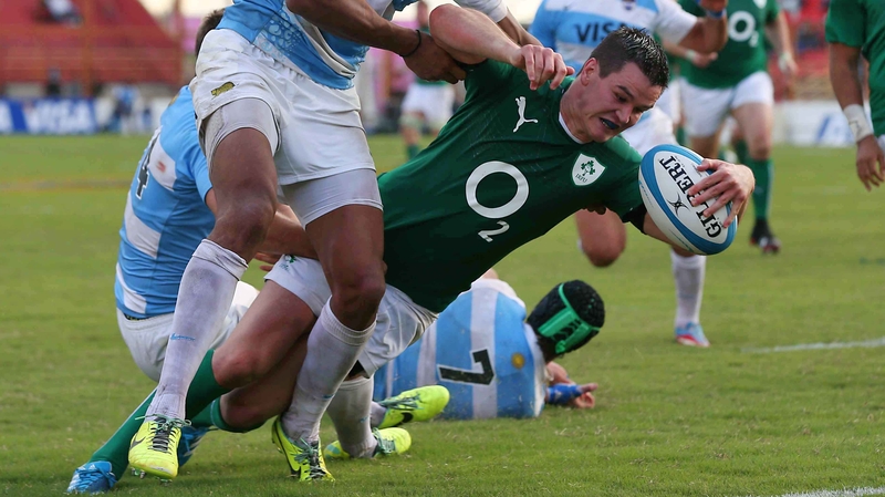 Johnny Sexton dives in for Ireland's second try